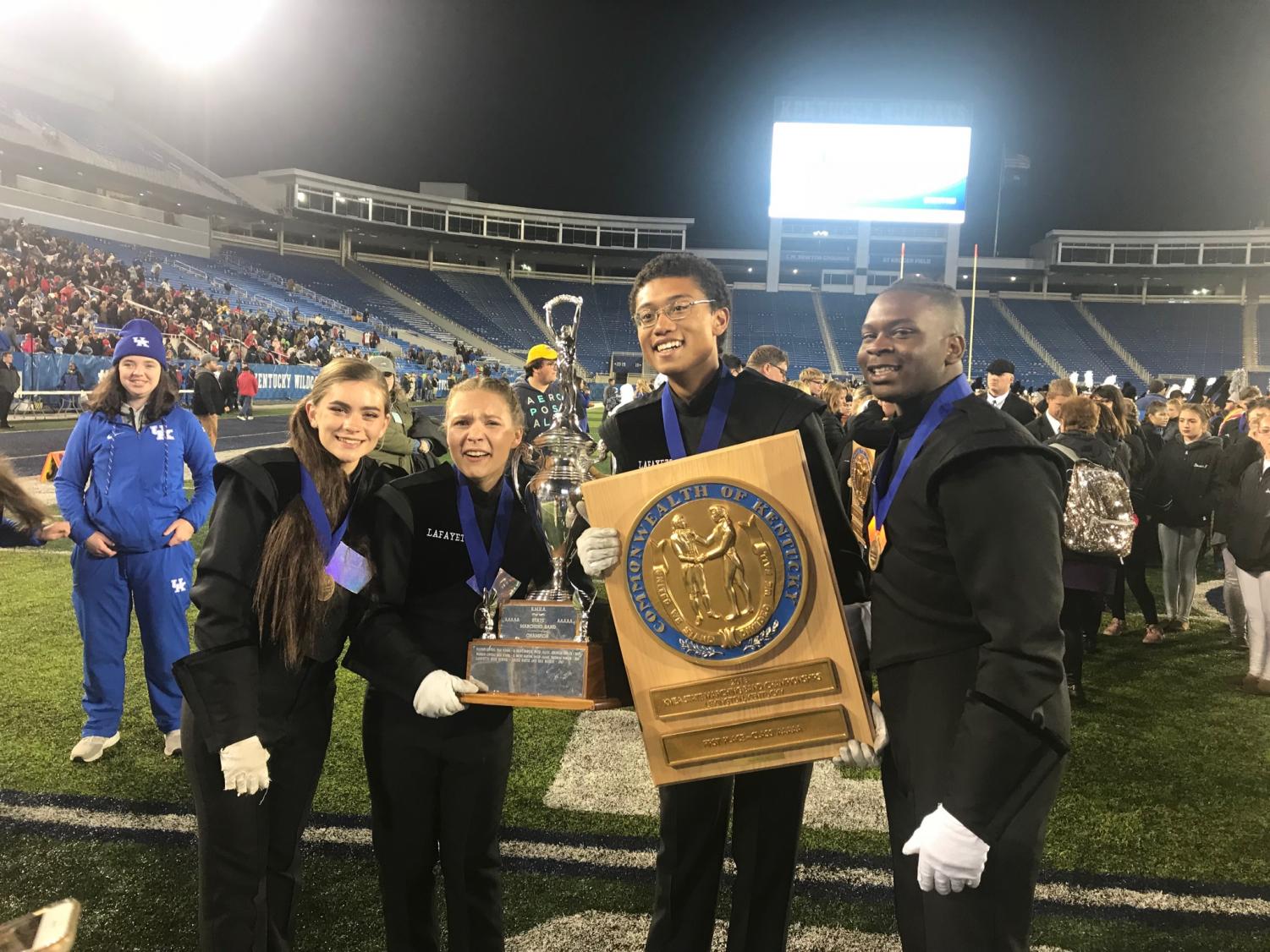 Starting from the left: Shannon James, Kate Manno, Casey Trowel, and Ni'Kerrion McDonald, the Lafayette band drum majors.