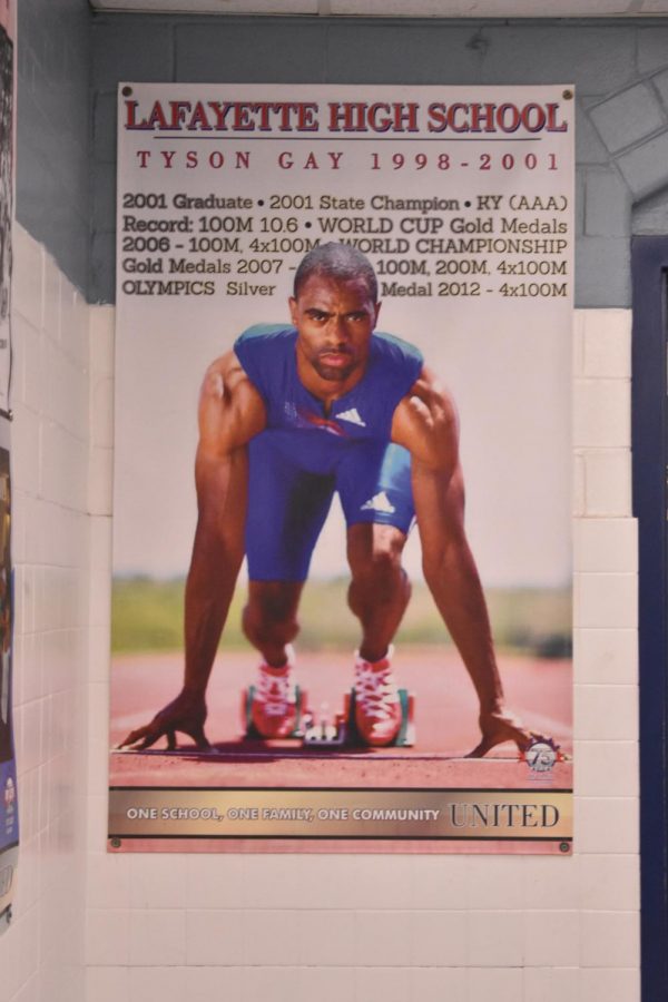 Banner in the hallway at Lafayette, featuring Tyson Gay