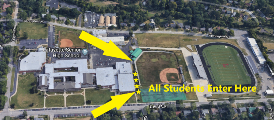 A map released by Lafayette's administration that shows where students must enter the school building.