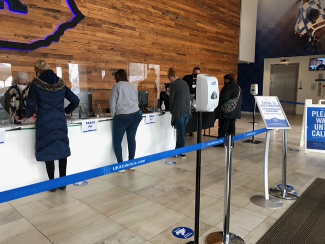 Lexington, KY. Fayette County teachers and staff checking in to receive their first dose of the COVID-19 vaccine on January 19, 2021 at the University of Kentucky's Commonwealth Stadium.