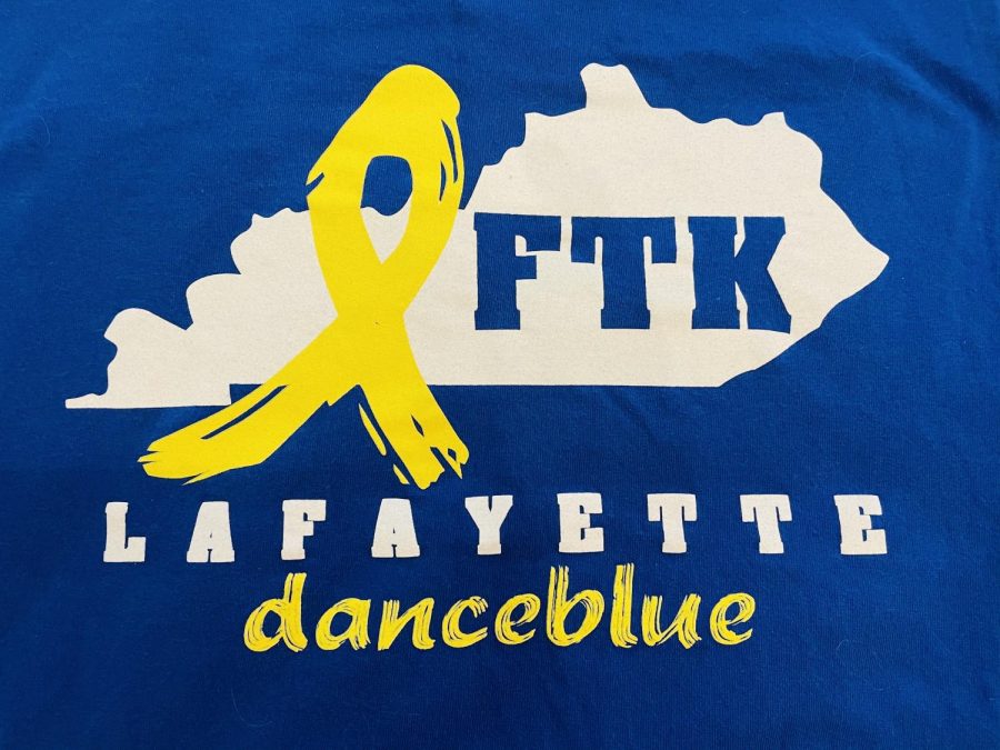 Lexington, KY. Lafayette High School Dance Blue Logo against blue background from a t-shirt.