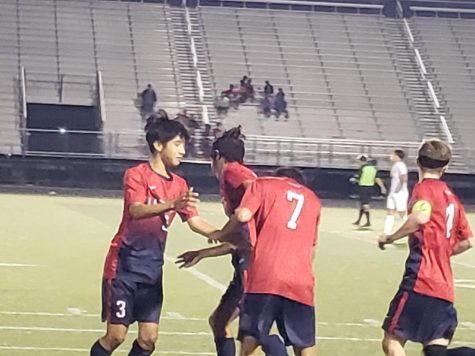 A positive boost after 2nd goal scored by #2 Fredy Karezo. #3 Christian Franco, #7 Tim Nienaber, and 34 Parker Wilson.
