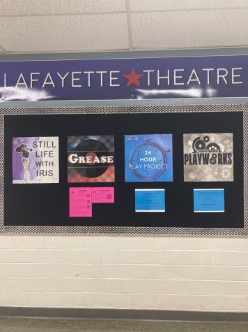 The Lafayette Theatre bulletin board, with the sign up sheet for Grease auditions attached.