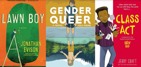 Lawn Boy by Jonathan Evison, Gender Queer by Maia Kobabe, and Class Act by Jerry Craft are all books that have been removed from school libraries for promoting critical race theory or mentioning queer experiences. Covers via Google Books