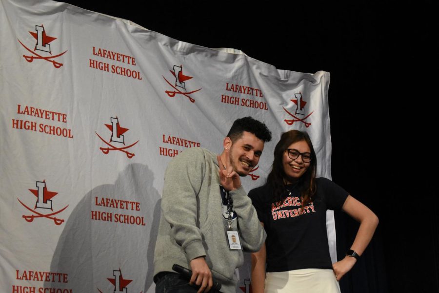 Senior Emma Taylor celebrates her college decision with Jordan Sims, Lafayette's College and Career Coach