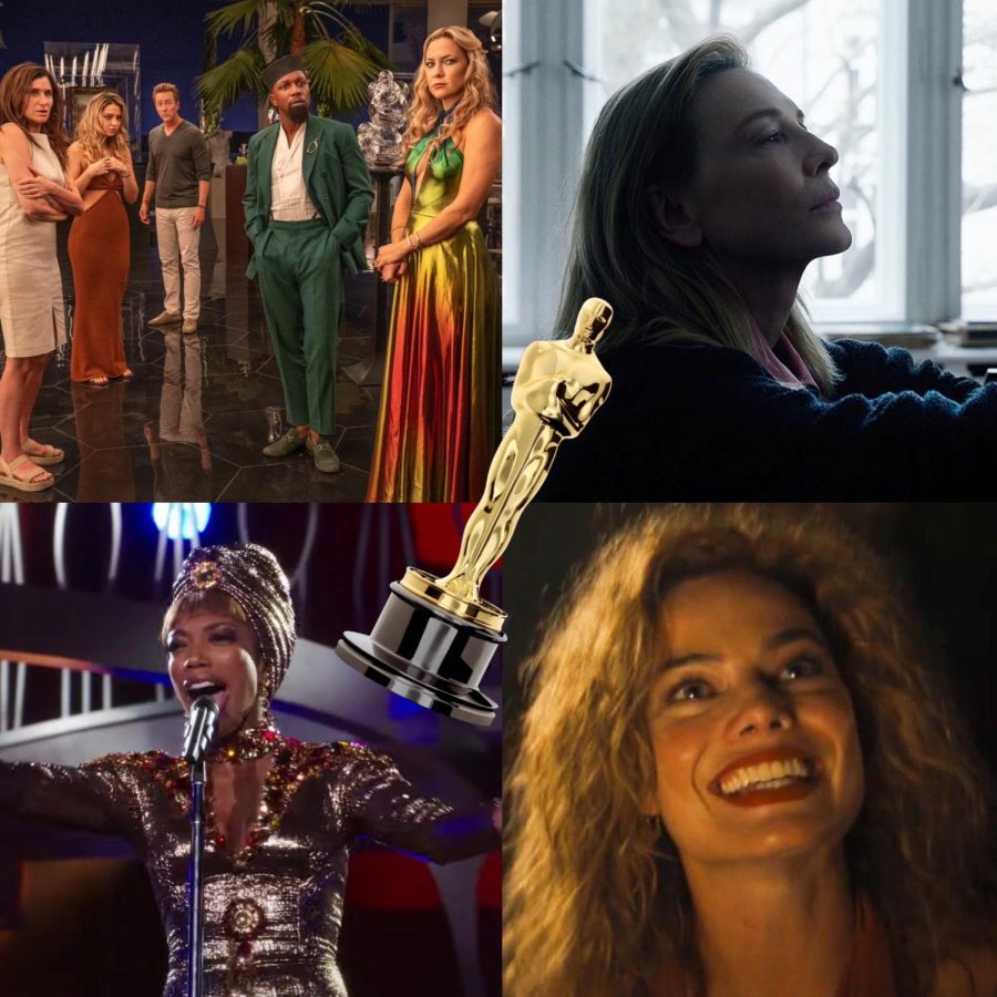 Four upcoming films are discussed in the article:
Frrom top left to bottom right--Kathryn Hahn, Madelyn Cline, Edward Norton, Leslie Odom Jr., and Kate Hudson in Glass Onion: A Knives Out Mystery
Cate Blanchett in TAR
Naomi Ackie in I Wanna Dance With Somebody
Margot Robbie in Babylon