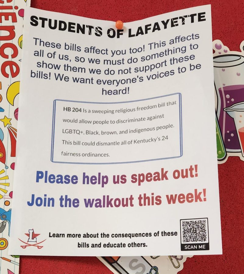 Lexington, KY- A flyer advertising the walkout has been plastered on the Science hallway bulletin board at Lafayette.