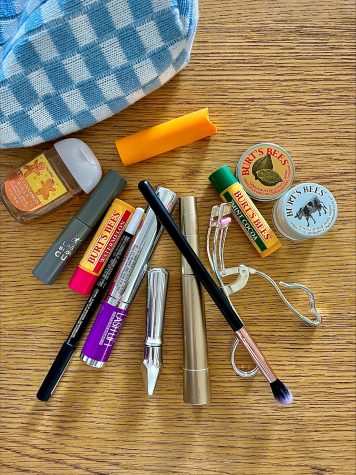 Lexington, KY. A Lafayette students makeup products are laid out on a table.