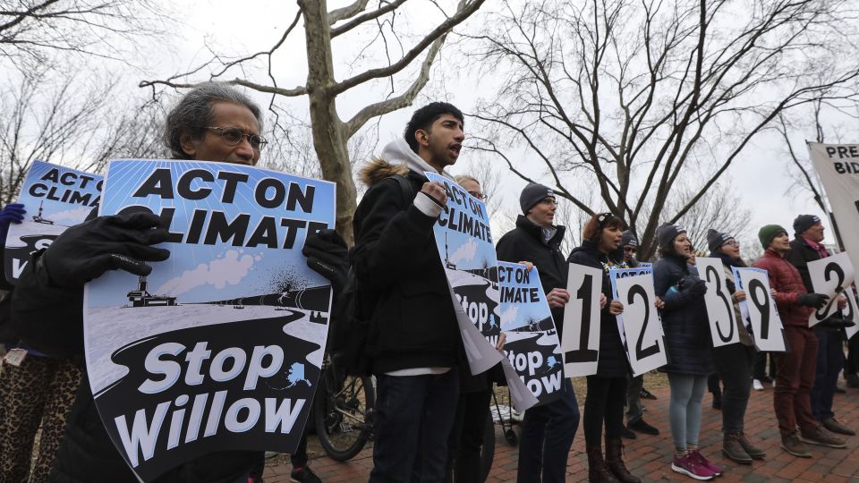 Climate advocates gather to protest the Willow Project in Lafayette Square in front of the White House on January 10.