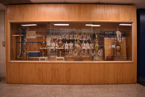 These are some of the trophies that Lafayette has won throughout the years. These include basketball and football trophies as well as academics and equestrian trophies. These trophies can be found throughout the halls, mainly by the front office and the gym foyer. The L in the photo was the center of the old gym, it is now the library. The L was cut out when the new gym was built.  There are also banners hanging inside the gym of some of the great victories that Lafayette high school has had going back since the 1940s.