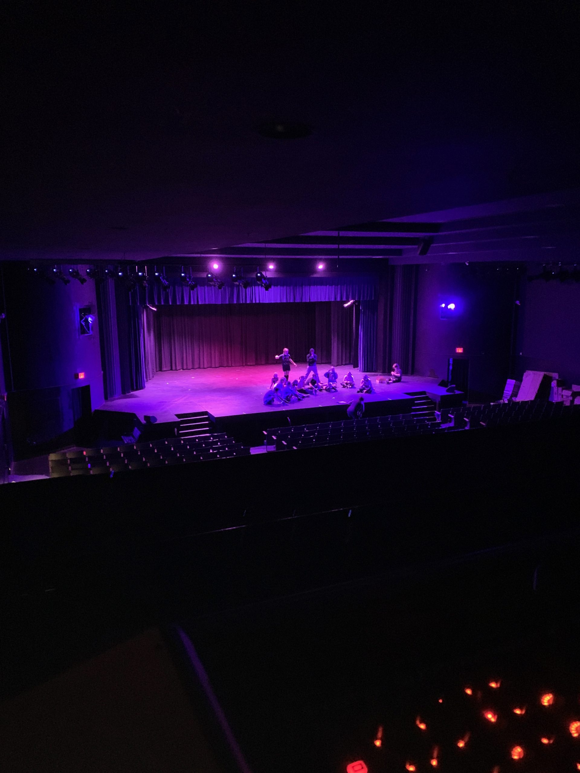 Photo taken from the electrical booth in the Beeler auditorium on September 19th, during a Carboard Stories tech rehearsal.