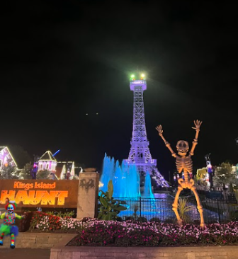 A picture of the main water fountain and Eiffel Tower at Kings Island during their Haunt event taken on Friday, October 6th.