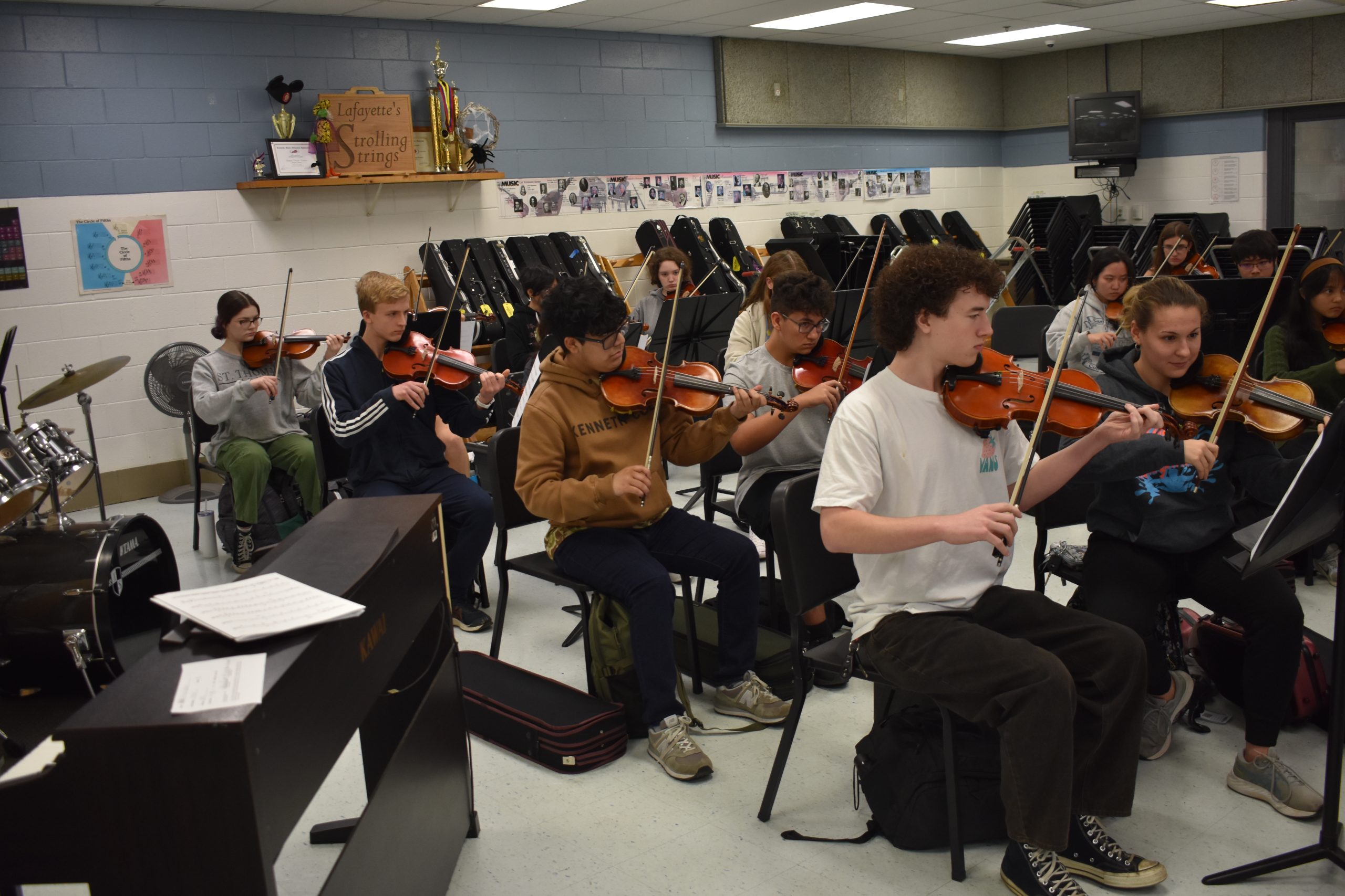 Concert Orchestras first violin section rehearsing for their winter concert (December 7th) on November 14th, 2023.