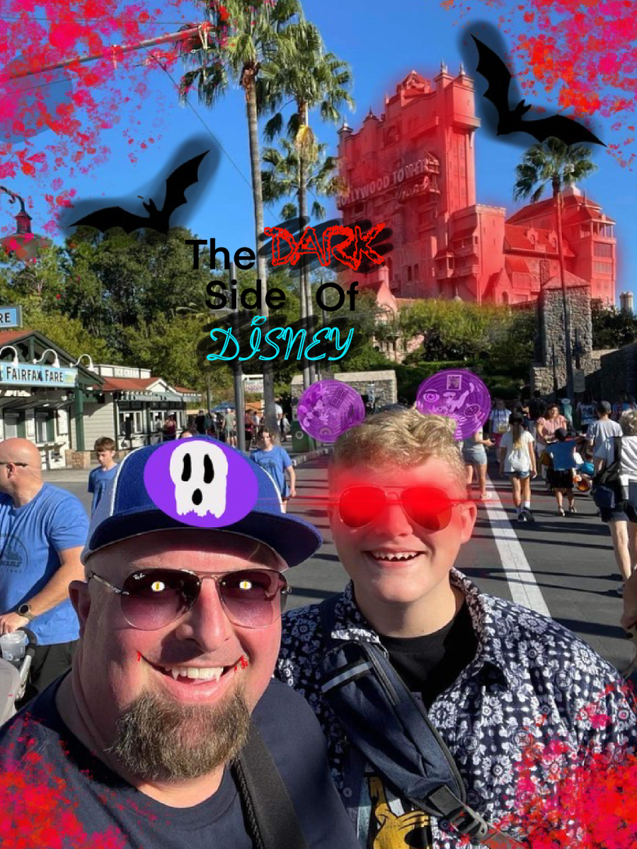 Logan Gwynn and his Dad posing in front of the Hollywood Tower of Terror at DIsney World in Orlando, Florida in an edited photo.