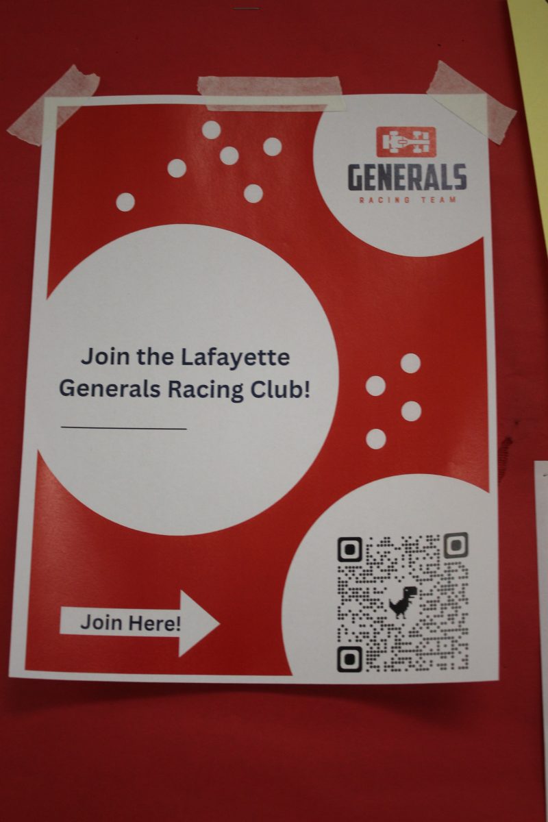 A+photo+of+the+poster+of+the+Lafayette+Generals+Racing+Club+hanging+up+in+one+of+the+English+hallways.+Taken+January+2024.