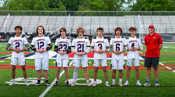 All seniors on the Boys Lacrosse team with Coach Will Lathram. Taken May 3rd. 2024.
