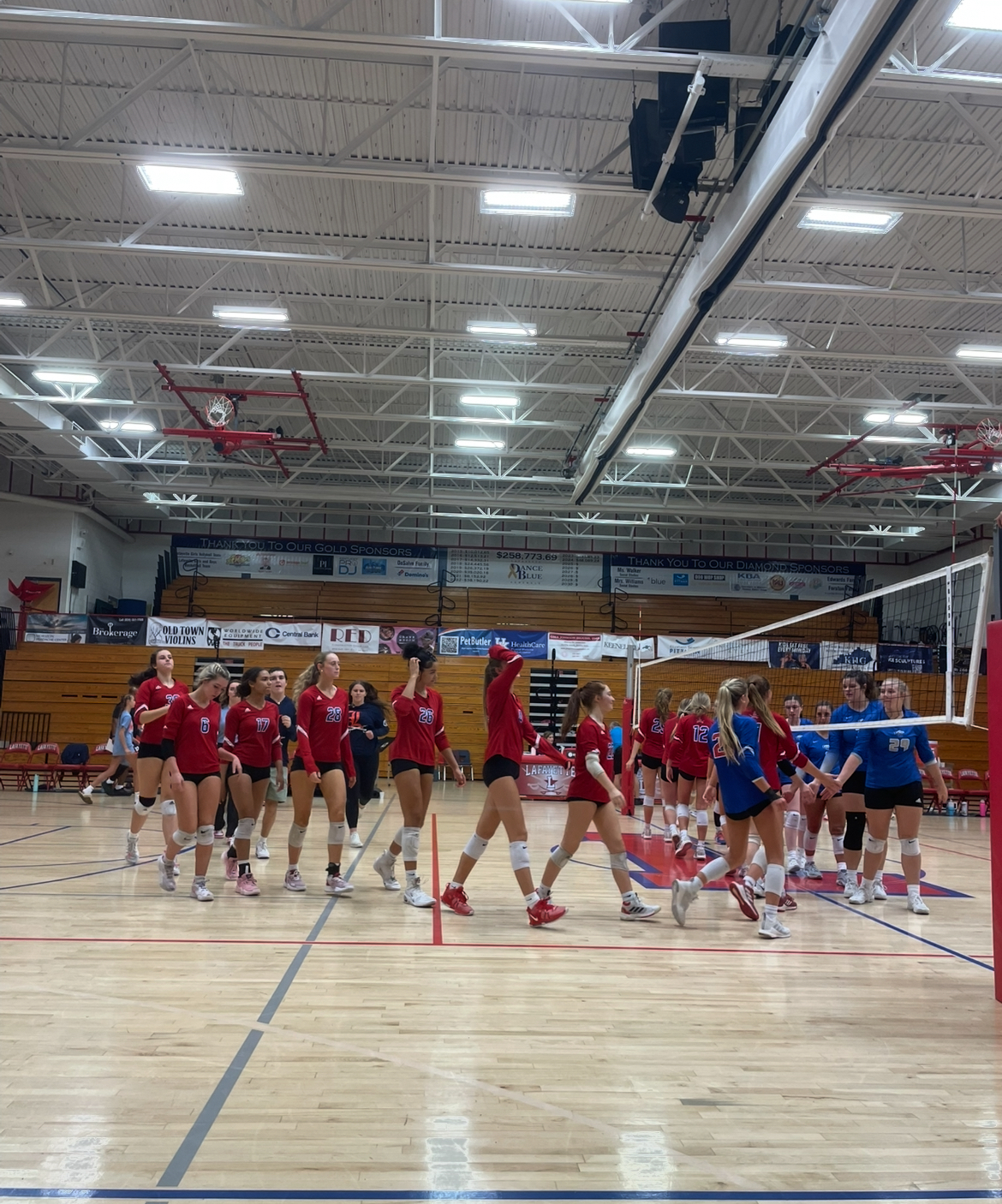 The Varsity Lafayette Volleyball Team showed sportsmanship at the end of the game by giving every single player on the LCA Volleyball Team a high five after their win at the game against LCA on September 24th, 2024 at 9:27 PM.