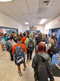 The hallway outside of Lafayette's cafeteria on Wednesday, September 18th, 2024. Students converge from three different routes to be funneled into one door to enter the cafeteria.