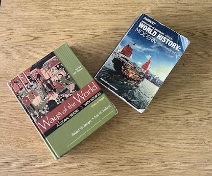 Lafayette AP World History required textbooks for classwork, "Ways of the World" and "World History: Modern." Photo taken October 14th, 2024.