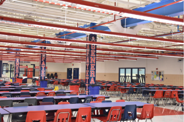 The lunch room in the Lafayette High School cafeteria is where the lunches are served.