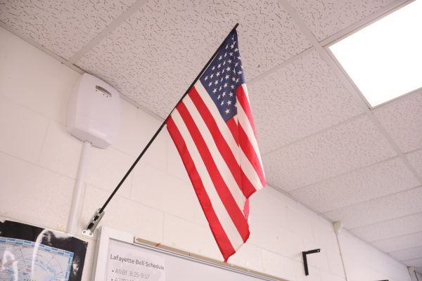 Mr. Rouse's American flag hung during his 2B government class on November 6, 2024.