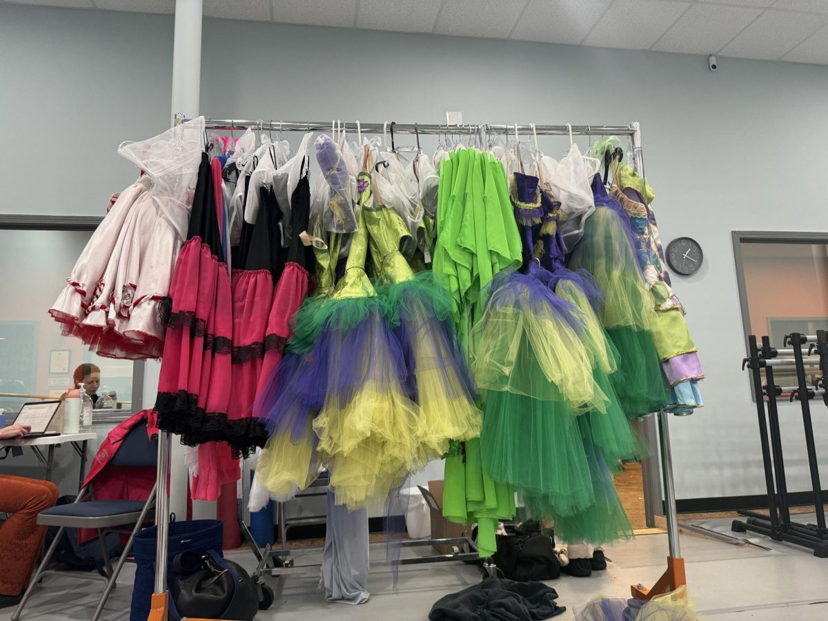 Costumes for the Nutcracker including, candy cane lead, Spanish corps, flower corps, and a Columbine doll. Photo taken on 12/15/24.