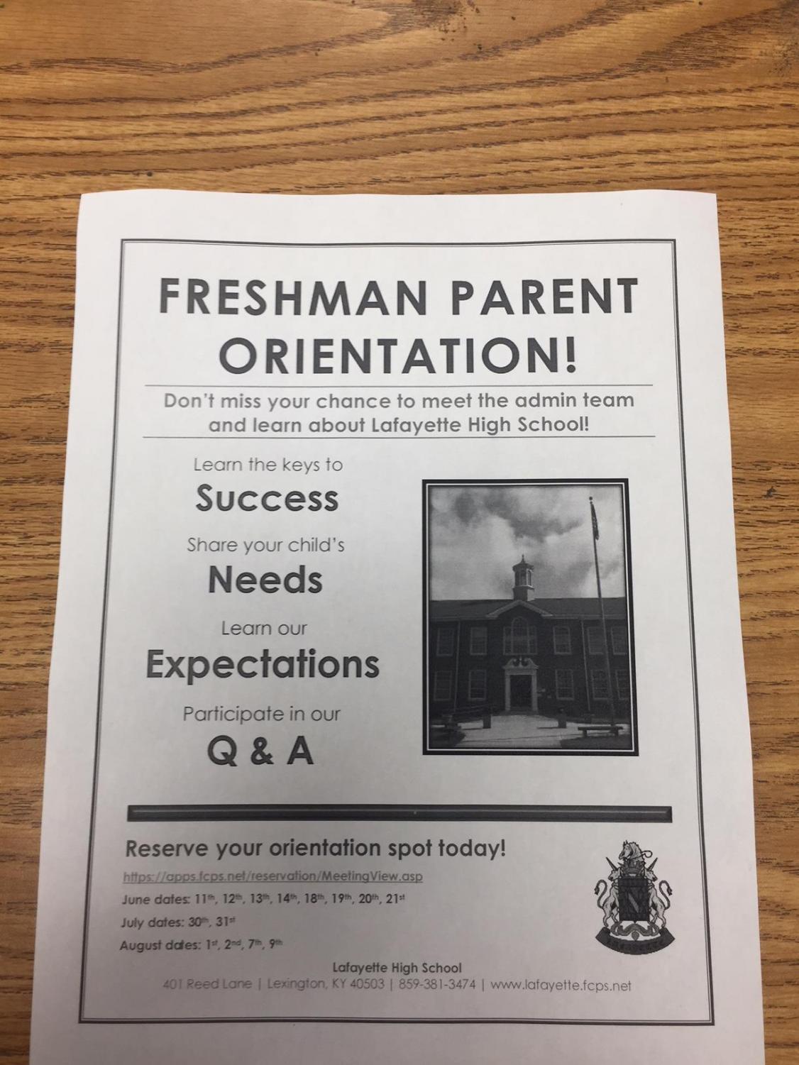 Freshman parent orientation information flyer. Taken on May 25th, 2018.