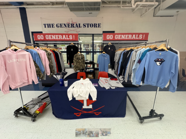 Photo of the General Outfitters store, set up by various students in the cafeteria to sell at all five lunches. Taken on February 4th, 2025