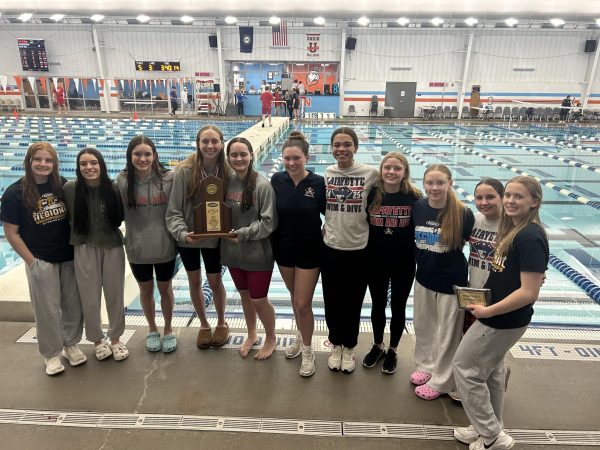 The girls' region eight champions take a picture with their trophy after the final day of the meet on January 25th at 3:32 P.M.