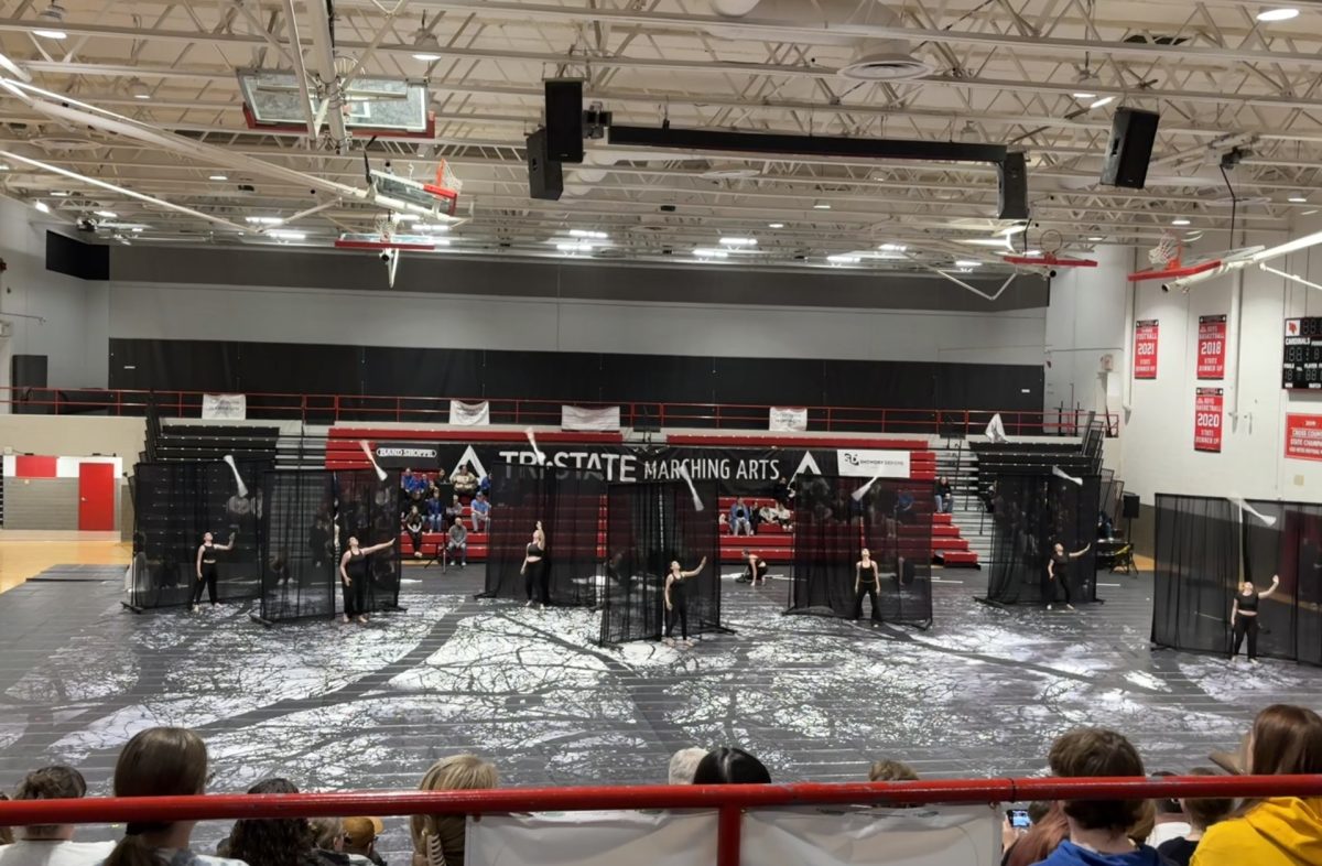 The Lafayette Varsity Winter Guard performing "The Veil Between" at a Tri-State Marching Arts competition in Winchester, Kentucky, on February 1, 2025.