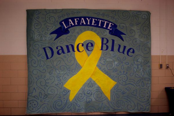 Photo of the Dance Blue sign in the Lafayette cafeteria during Dance Blue on February 22, 2025