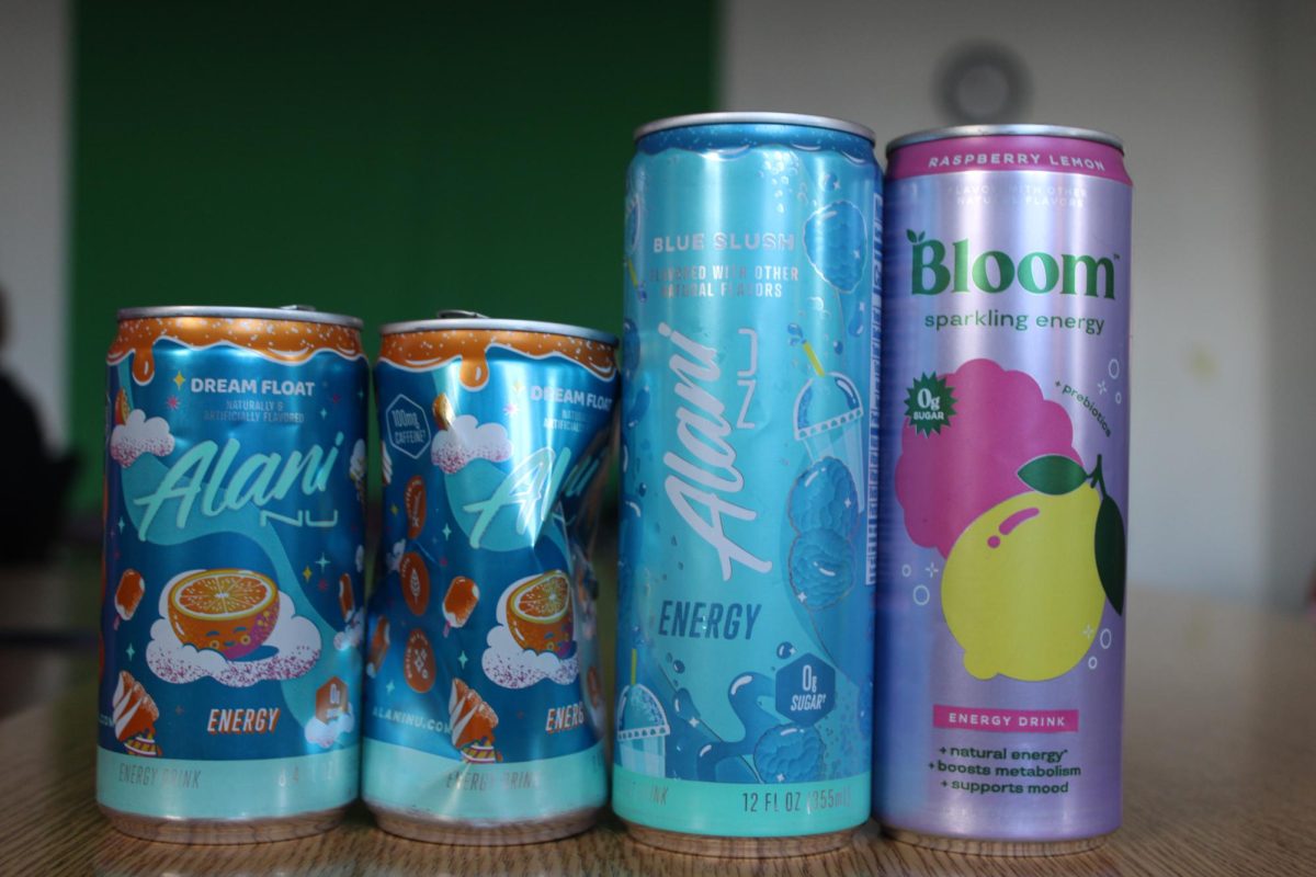 A photo of different types of energy drinks that were taken from a recycling bin on September 23rd, 2025 in Mrs. McPherson's classroom.  This was taken from examples to be shown of the different energy drinks that could be had for you.
