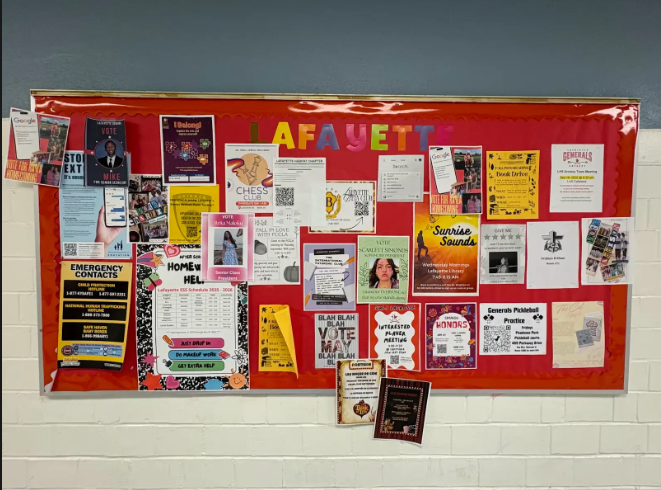 A photo of a board in the English hall with different fliers promoting students for the upcoming Lafayette student elections taken on September 19, 2025.