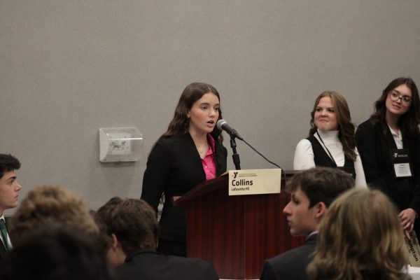 Lafayette Sophomore Leah Collins debating on a bill at KYA on Nov. 24, 2025. When bills are presented, students can give pro or con speeches.