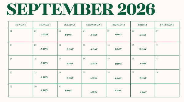 Representation of a fixed schedule for the 2026-2027 school year. Taken Dec. 19, made on Canva.