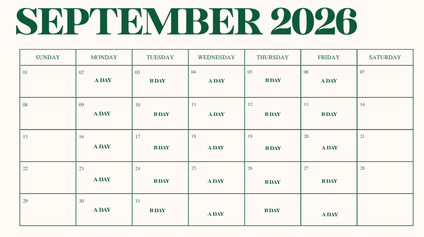 Representation of a fixed schedule for the 2026-2027 school year. Taken Dec. 19, made on Canva.