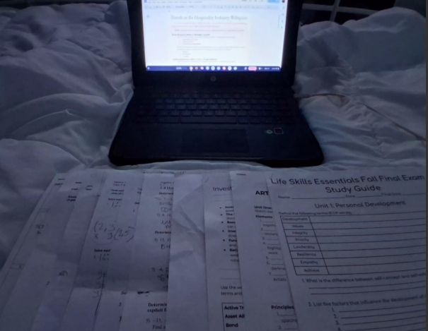A photo of different homework assignments on Dec. 14, 2025
